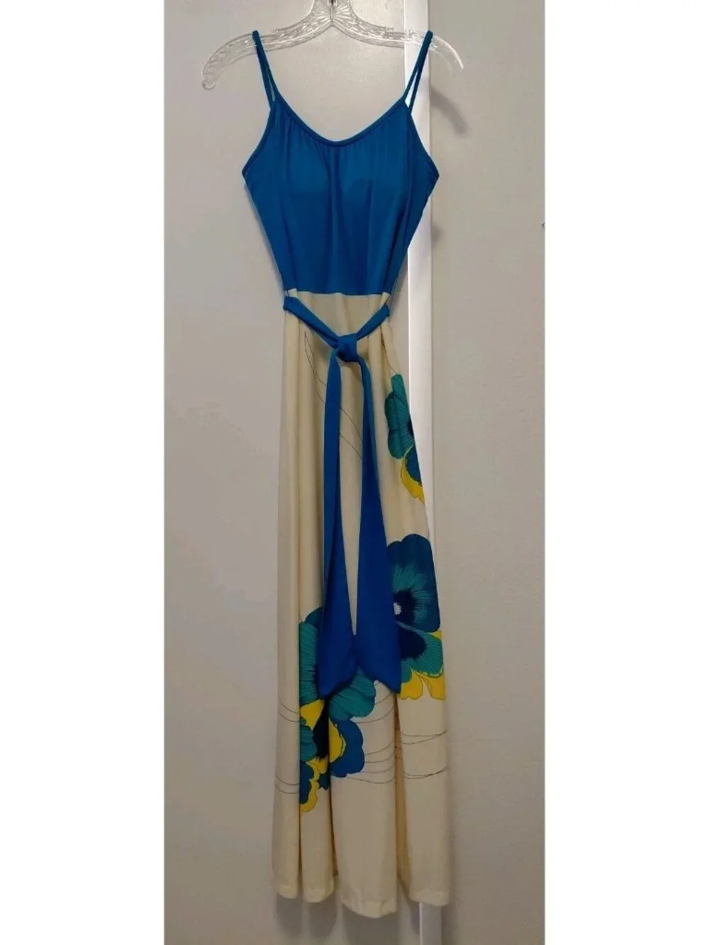 Vintage Alfred Shaheen 70s Designer Hawaiian Floral  Maxi Dress 6 White Blue - Picture 2 of 10